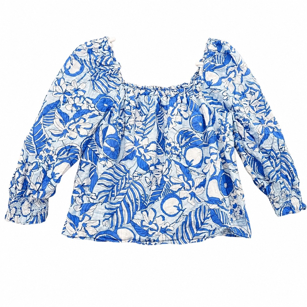 Vineyard Vines Womens Blue White Tropical Floral Smocked Cuff Cotton Blouse L
